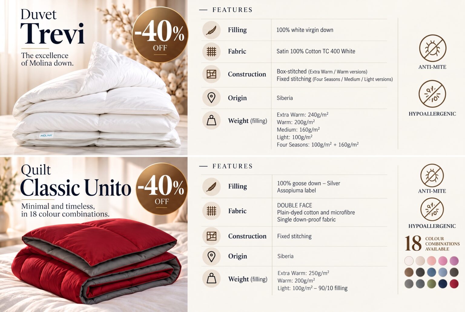 Trevi duvet and Classic Unito quilt – features