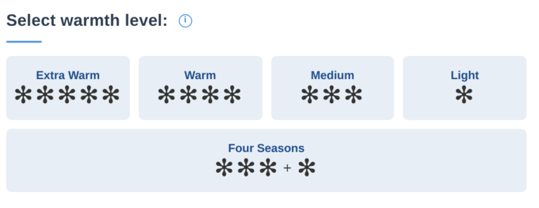 Warmth levels: Extra Warm, Warm, Medium, Light, Four Seasons